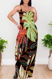 White Casual Floral Print Backless Spaghetti Strap Long Dresses