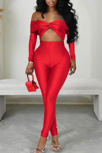 Red Rose Red Off Shoulder Backless Long Sleeve Hollow Out Nightclub Skinny Party Jumpsuits