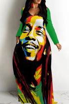 Black Green Casual Print Basic V Neck Long Dresses
