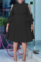 Black Casual Solid Color Patchwork Half A Turtleneck Long Sleeve Plus Size Dresses
