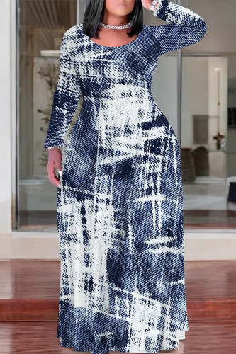 Blue Leopard Faux Denim Print Crewneck Long Sleeve Plus Size Straight Loose Maxi Dresses