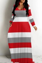 Red Casual Striped Print V Neck Long Dresses