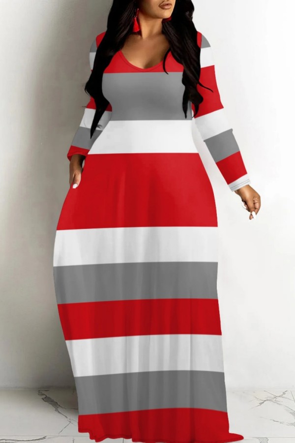 Red Casual Striped Print V Neck Long Dresses