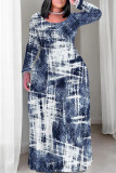 Blue Leopard Faux Denim Print Crewneck Long Sleeve Plus Size Straight Loose Maxi Dresses
