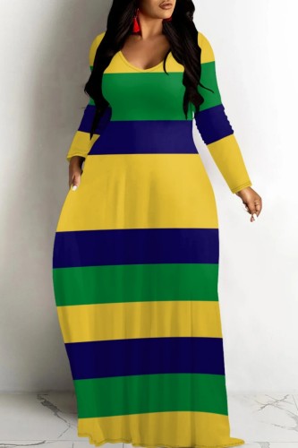 Green Yellow Casual Striped Print V Neck Long Dresses