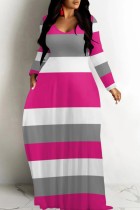 Rose Red Casual Striped Print V Neck Long Dresses