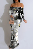 Black And White Sexy Gradient Chain print Contrast Off Shoulder One Step Skirt Dresses