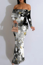 Black Gray Sexy Gradient Chain print Contrast Off Shoulder One Step Skirt Dresses