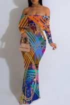 Coffee Sexy Gradient Chain print Contrast Off Shoulder One Step Skirt Dresses