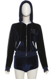 Blue Zipper Collar Long Sleeve Hooded Jacket and Shorts Casual Two Piece Short Set