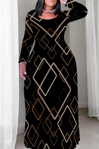 Black Casual Print Patchwork O Neck Long Plus Size Dresses