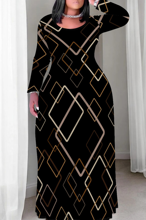 Black Casual Print Patchwork O Neck Long Plus Size Dresses