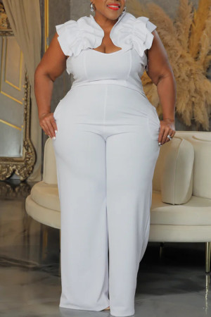 White Casual Daily Solid Color Ruffle V Neck Regular Jumpsuits