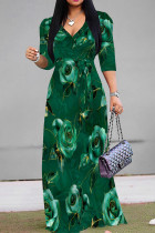 Green Casual Print Patchwork V Neck Long Dresses