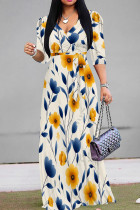 Blue Yellow Casual Print Patchwork V Neck Long Dresses