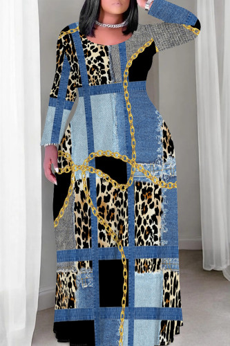 Blue Casual Print Patchwork O Neck Long Plus Size Dresses