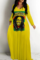 Yellow Casual Print Basic V Neck Long Dresses