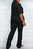 Black Casual Solid Color Patchwork O Neck Short Sleeve Two Pieces