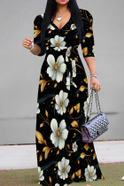 White Gold Casual Print Patchwork V Neck Long Dresses