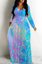 Light Blue Casual Gradient Print Colorblock Pocket Contrast V Neck Printed Dresses