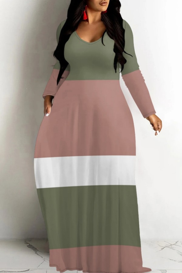 Pink Green Casual Striped Print V Neck Long Dresses