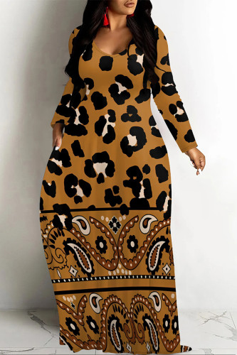Brown Casual Gradient Print Colorblock Pocket Contrast V Neck Printed Dresses