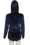 Blue Zipper Collar Long Sleeve Hooded Jacket and Shorts Casual Two Piece Short Set