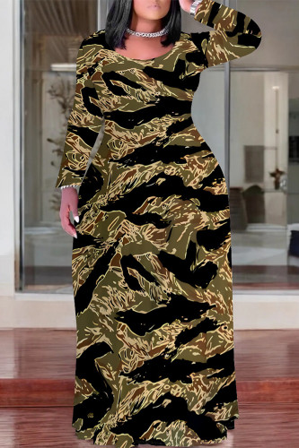 Army Green Blue Leopard Faux Denim Print Crewneck Long Sleeve Plus Size Straight Loose Maxi Dresses