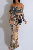 Brown Sexy Gradient Chain print Contrast Off Shoulder One Step Skirt Dresses