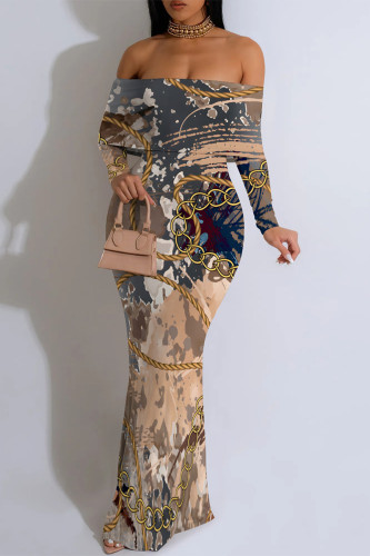 Brown Sexy Gradient Chain print Contrast Off Shoulder One Step Skirt Dresses