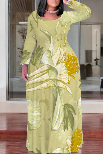 Yellow Casual Floral Print Pocket Contrast O Neck Printed Plus Size Dresses