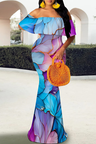 Sky Blue Elegant Print Patchwork Backless Off Shoulder Long Dresses