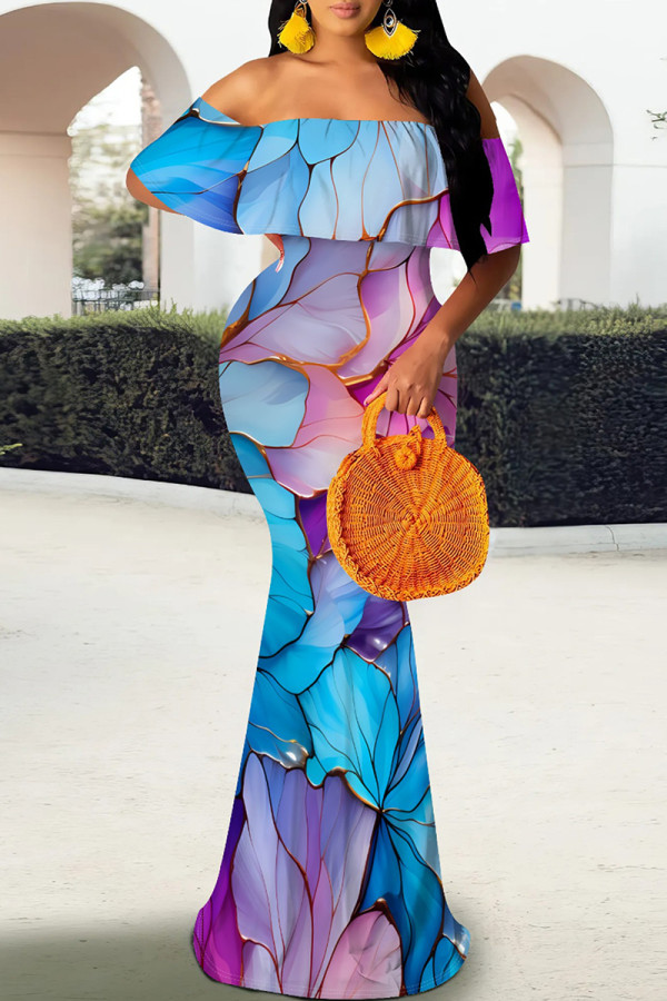 Sky Blue Elegant Print Patchwork Backless Off Shoulder Long Dresses
