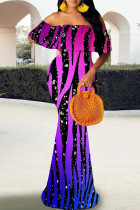 Purplish Blue Elegant Print Patchwork Backless Off Shoulder Long Dresses