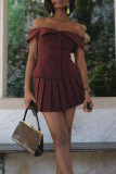 Burgundy Sexy Solid Color Buttons Patchwork Pleated Off Shoulder Two Pieces