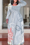 Dark Khaki Casual Floral Print Pocket Contrast O Neck Printed Plus Size Dresses