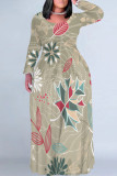 Dark Khaki Casual Floral Print Pocket Contrast O Neck Printed Plus Size Dresses