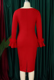 Red Elegant Solid Color Patchwork Slit Zipper O Neck Wrapped Skirt Plus Size Dresses