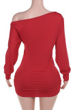 Red Sexy Solid Color Patchwork Backless Oblique Collar Wrapped Skirt Dresses