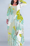 Dark Khaki Casual Floral Print Pocket Contrast O Neck Printed Plus Size Dresses