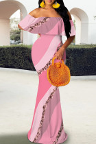 Pink Elegant Print Patchwork Backless Off Shoulder Long Dresses