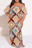 White Sexy Geometric Print Floral Print Contrast Off Shoulder Printed Plus Size Dresses