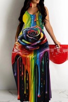 Black Casual Print Backless Spaghetti Strap Long Dresses