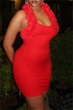 Red Sleeveless Ruffle Halter Bodycon Mini Evening Birthday Party Dress