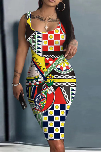 Red Black Casual Print Basic U Neck Vest Dresses