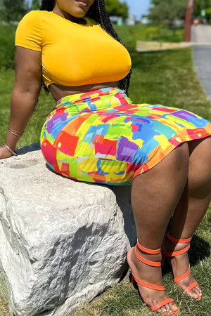 Yellow Crewneck Short Sleeve Skinny Crop T Shirt and Midi Skirt Casual Plus Size Two Piece Dress