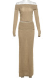 Khaki Elegant Solid Color Patchwork Backless Off Shoulder Long Sleeve Two Pieces