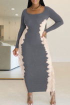 Grey Elegant Print Fringed Trim Patchwork U Neck Long Dresses