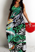 Green Casual Print Backless Spaghetti Strap Long Dresses