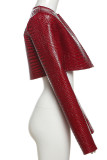 Red Croc Embossed Cardigan Collar Long Sleeve Tie Front Crop Jacket Fall Winter Outerwear